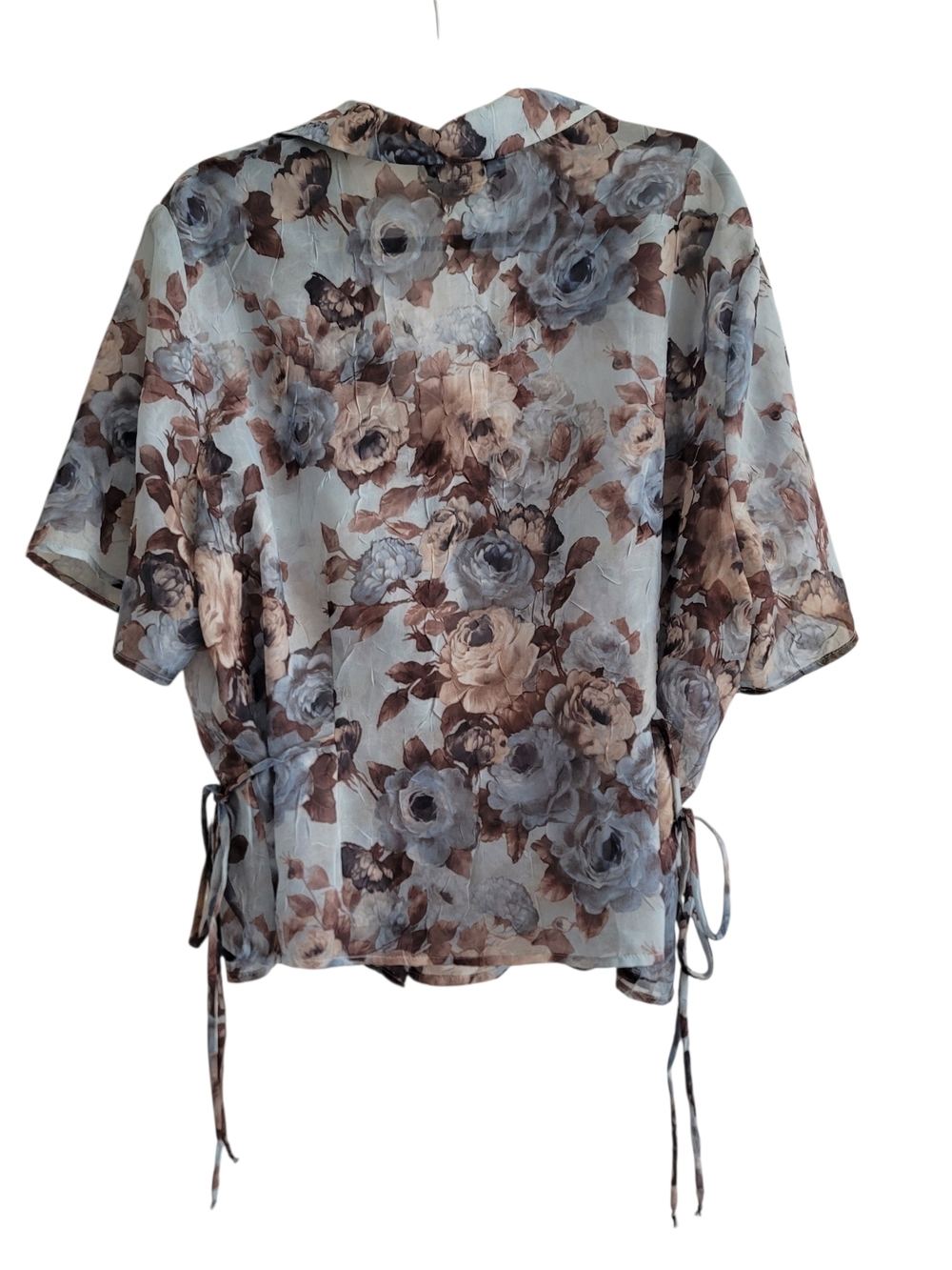 VTG Connected Woman 22W 90s Floral Button Front Blouse Blue Brown Crinkle Tie - Picture 2 of 9